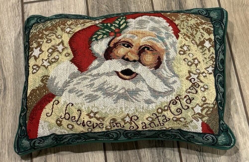 Santa Christmas Needlepoint Pillow Vintage Style Green 16x12 I Believe In Santa
